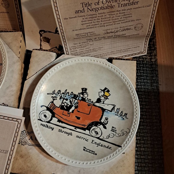 Fun Vintage Norman Rockwell On Tour Plates Newell Pottery Set of 4 COA - Picture 4 of 8
